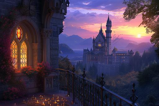 a balcony with a view of a castle at night, romantic storybook fantasy, dream scenery art, very magical and dreamy, magical fairy background, fantasy realm, ( ( railings ) ), dream magical, fantasy matte painting，cute, sleeping beauty fairytale, fairy tale style background, magical fantasy, fantasy beautiful, enchanted dreams, magic fantasy highly detailed, fantasy scenic, Left and right connecting images, pastel color --ar 3:2 --v 6.0