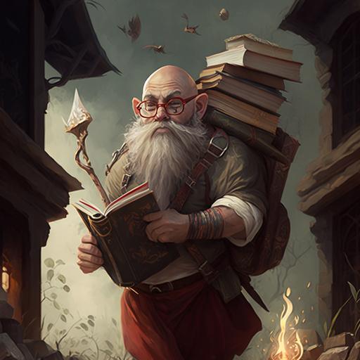 a bald and bearded gnome with glasses carrying books with a short bow on his shoulder, arrows and scrolls running in a ruin