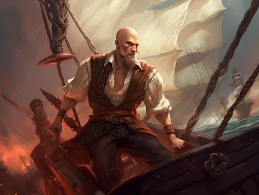 a bald giant with pale skin pirate sailing a pirate ship. Use digital painting as your medium to evoke a sense of power and strength in the sailor, with careful attention to the intricate details of their physique and facial features. Employ a wide-angle lens to capture the grandeur of the ship and the open sea, and utilize a warm, natural color palette to convey the feeling of adventure and exploration. Consider adding dramatic lighting to emphasize the sailor's commanding presence and the ship's imposing scale. --ar 4:3 --v 5