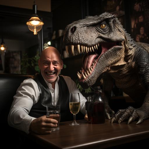 a bald head man in black clothes looking into camera, he is drinking wine and stroking the head of a tyrannosaurus rex dinosaur with his hand in a bar, he is sitting beside the tyrannosaurus rex dinosaur, they love each other --style raw --s 250