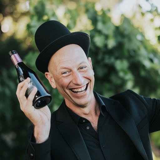 a bald man who looks like a magician of wines. the man is holding up a wine bottle and smiling. the man is near a winery. the man is in his mid-40s. The man is making a wine bottle appear and is wearing a magicians hat. He is a magician--style raw --s 0 --v 6.0