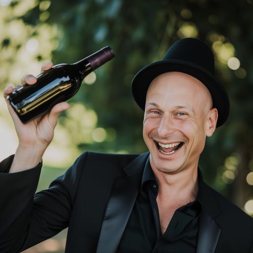 a bald man who looks like a magician of wines. the man is holding up a wine bottle and smiling. the man is near a winery. the man is in his mid-40s. The man is making a wine bottle appear and is wearing a magicians hat. He is a magician--style raw --s 0 --v 6.0
