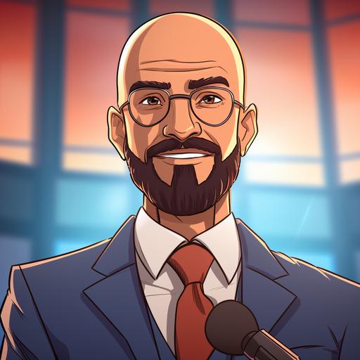 a bald man with short beard as a news anchor, in cartoon style, hispanicore
