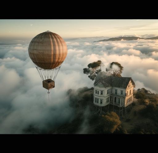 a balloon house above the clouds. Surrealist, inspired by de kooning. Intricate details with a high-definition representation. Award-winning picture. 32k --chaos 100 --ar 32:31 --style raw --stylize 1000 --weird 1000 --v 6.0