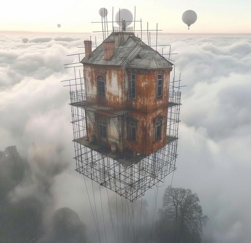 a balloon house above the clouds. Surrealist, inspired by de kooning. Intricate details with a high-definition representation. Award-winning picture. 32k --chaos 100 --ar 32:31 --style raw --stylize 1000 --weird 1000 --v 6.0