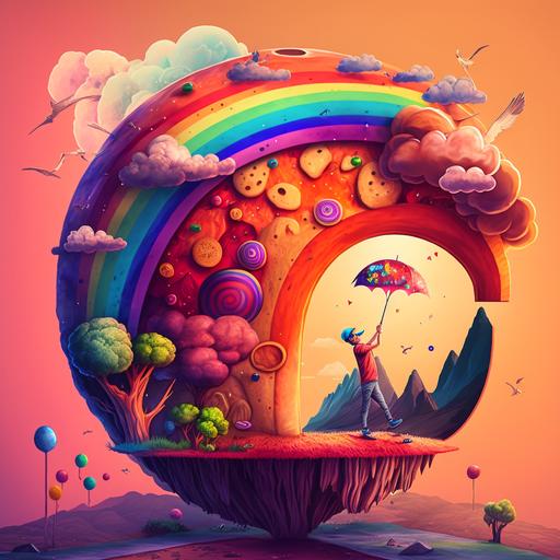 a balloon on a planet full of rainbows and flowers, and on that planet there is a monster inside a cave that only its eyes can be seen, and it is all full of pizzas, and there is a gymnast with a hoop, characters, hd--V5