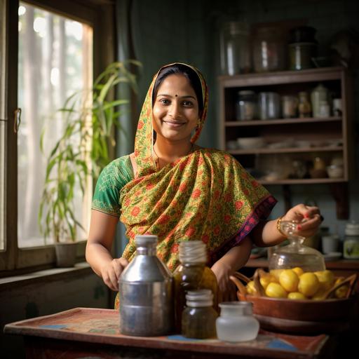 a bangladeshi housewife wearing salwar holding shyamoli mustard oil bottle in her kitchen