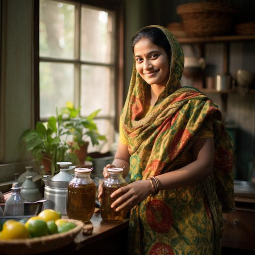 a bangladeshi housewife wearing salwar holding shyamoli mustard oil bottle in her kitchen