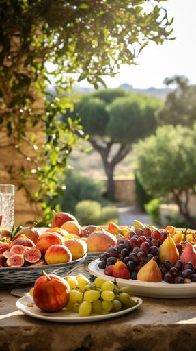 a banquet of fresh fruit, figs, fruits can be seen in the front. They are placed on a veranda white marble table overlooking a garden of olive trees in israel charming and stunning view. shot on Canon EOS R5C with 300mm lens / candid 8k --ar 9:16 --v 5.2