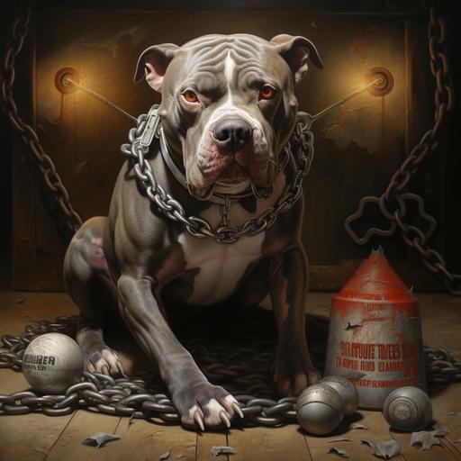 a barking american pit bull terrier with a chain around its neck teeth showing on a concret floor with 