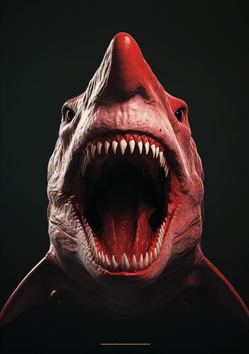 a basalt poster, depicting a shark's scary teeth, in the style of monochromatic minimalist portraits, superheroes, dark black and red, juxtaposition of shapes --ar 7:10 --s 250