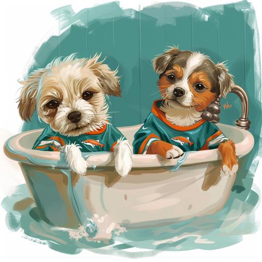 a bathtub containing two playful dogs, the dogs are wearing miami dolphins jerseys, cartoon style
