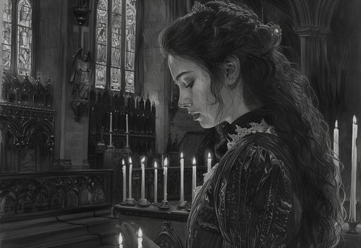a charcoal drawing of a beautiful medieval girl lighting candles inside a church, - charcoal drawing, --ar 16:11 --v 6.0 --s 250