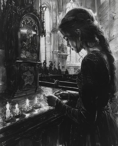 a charcoal drawing of a beautiful medieval girl lighting candles inside a church, - charcoal drawing, --ar 17:21 --s 250 --v 6.0