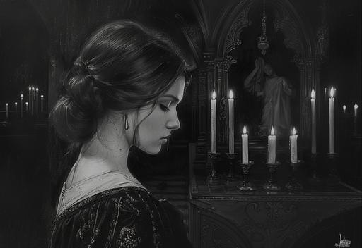 a charcoal drawing of a beautiful medieval girl lighting candles inside a church, - charcoal drawing, --ar 16:11 --v 6.0 --s 250