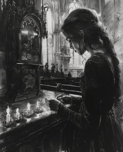 a charcoal drawing of a beautiful medieval girl lighting candles inside a church, - charcoal drawing, --ar 17:21 --s 250 --v 6.0