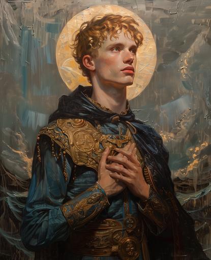 an oil on canvas holy icon painting of a young 1880s Russian male saint, patron saint of cleansing, 20 years old, with pale skin, short sandy messy hair, wiry body frame, missing an arm, golden freckles, a bright halo shining behind his head, wearing a majestic knee-length coat-like blue robe embroidered with silver details at its hem and cuffs, standing, holding a mini tornado in his hands, windy and watery wall background - oil on canvas, holy icon, oil on canvas holy icon --ar 17:21 --s 250 --v 6.0