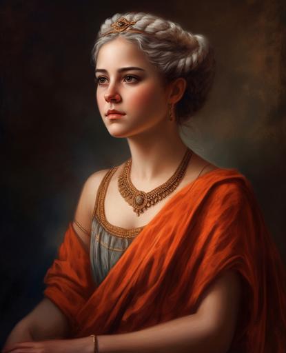 an upper-body oil on canvas painting of a gorgeous Ancient Roman noblewoman, 16 years old, with braided silver hair, dressed in an Ancient Roman sleeveless luxurious orange dress, wearing jewels, standing, dark and orange background, --ar 17:21 --s 750 --v 5.0