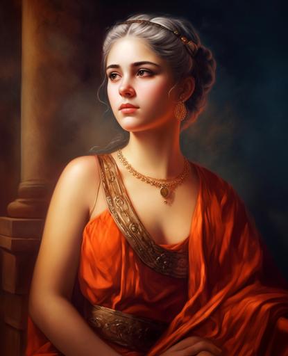 an upper-body oil on canvas painting of a gorgeous Ancient Roman noblewoman, 16 years old, with braided silver hair, dressed in an Ancient Roman sleeveless luxurious orange dress, wearing jewels, standing, dark and orange background, --ar 17:21 --s 750 --v 5.0
