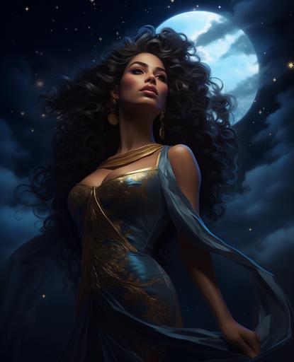 an upper-body old fantasy richly-painted digital character portrait of a gorgeous mystical medieval high fantasy goddess, 30 years old, with extremely-long curly black hair, wearing a luxurious long Ancient Greek dark-blue dress, standing, night sky, stars, dreams in the background - fantasy, digital painting, upper-body, full detail, long shot, wide angle, vivid color, hyper-detailed, beautifully color-coded, insane details, intricate details, beautifully color graded, insanely detailed and intricate, elegant, super detailed, ultra-detailed, intricate details, full color, cinematic --ar 17:21 --v 5.2