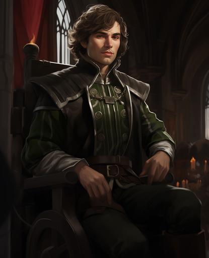 an upper-body old fantasy richly-painted digital character portrait of a handsome medieval high fantasy nobleman, 35 years old, with shoulder-length curly brown hair, wearing a medieval high fantasy gray and green doublet, sitting on a big medieval wheelchair, looking at the camera, inside a medieval office - fantasy, digital painting, upper-body, full detail, long shot, wide angle, vivid color, hyper-detailed, beautifully color-coded, insane details, intricate details, beautifully color graded, insanely detailed and intricate, elegant, super detailed, ultra-detailed, intricate details, full color, cinematic --ar 17:21 --v 5.2