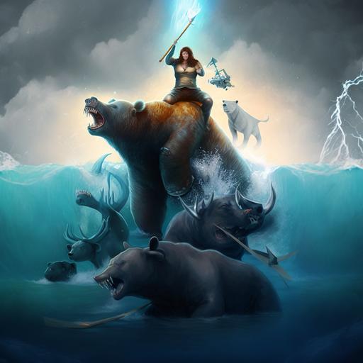 a bear standing on a bull who is in knee deep water surrounded by sharks with lightning cracking ar 16:9