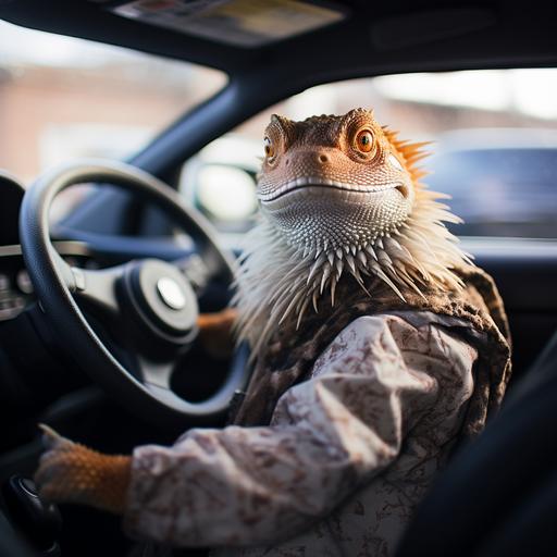 a bearded dragon driving a car
