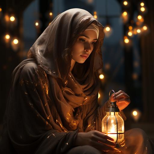 a beatufiul muslim women praying, white dress, head covered, arabic lanterns hanging, night time, ultra realistic, super realistic --s 750