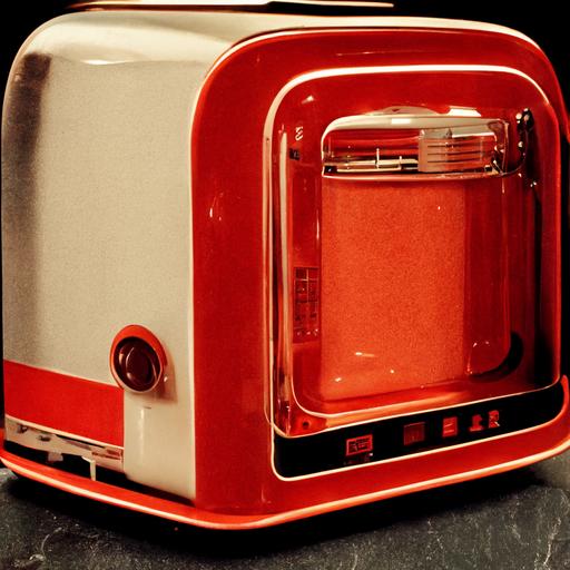 a beautiful 1930s red plastic toaster with chrome in a retro kitchen