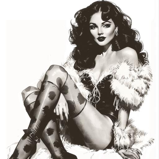 a beautiful 1950s pin up, dark hair, b&w illustration, wearing just a fur coat and stockings. White background in the style of Robert McGinnis