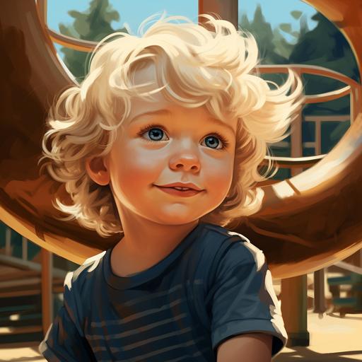 a beautiful 2 year old boy with curly golden shoulder length blonde hair. He has steel blue eyes and a joyous spirit. Draw him as a creative cartoon playing on a playground in the summer.