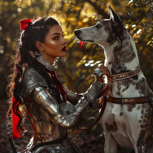 a beautiful 30 year old woman with long black hair with red ribbons tying it into a 19th-century updo, she is wearing 18th century silver armor, she is swinging an ornate sword, Standing next to her is a large greyhound dog, colors white and tan. The scene is in a lush sunlight dappled forest realistic, photographic with dramatic cinematic lighting.