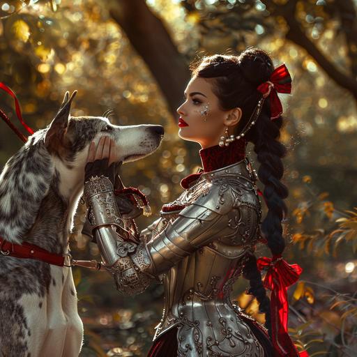 a beautiful 30 year old woman with long black hair with red ribbons tying it into a 19th-century updo, she is wearing 18th century silver armor, she is swinging an ornate sword, Standing next to her is a large greyhound dog, colors white and tan. The scene is in a lush sunlight dappled forest realistic, photographic with dramatic cinematic lighting.