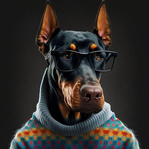 a beautiful Doberman with stunner shades, wearing a dog sweater, style Henley Sweaters, diamond pattern, backgound bar, vivid light, lighting on detailed fur 16:9 --s 250