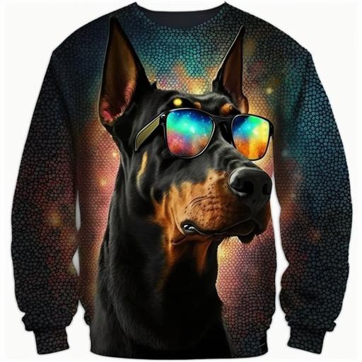 a beautiful Doberman with stunner shades, wearing a dog sweater, style Henley Sweaters, diamond pattern, backgound bar, vivid light, lighting on detailed fur 16:9 --s 250