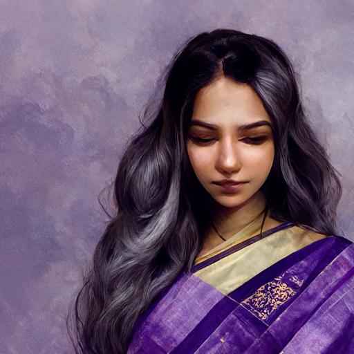 a beautiful Indian women detailed face long hair wearing lavender saree black blouse holding a white cup waiting 4k