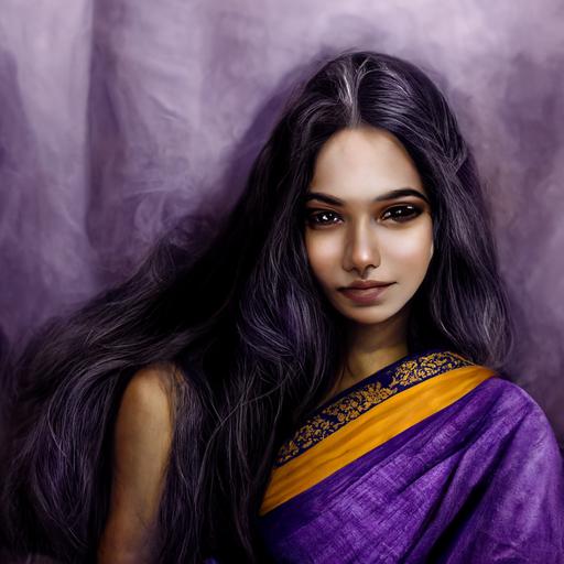 a beautiful Indian women detailed face long hair wearing lavender saree black blouse holding a white cup waiting 4k