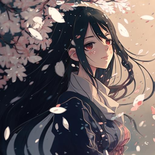 a beautiful Japanese teen under the cherry blossoms in the rain, large clear eyes, long black hair swirling, smiling, splash water drops, blue silk dress, soft light, floating particles in the air, detailed Anime style, flat 2D tone --q 2