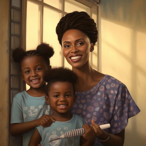 a beautiful Nigerian woman and her children brushing their teeth and facing the camera. They are in a brown and white tiled bathroom. Ambience is bright and realistic