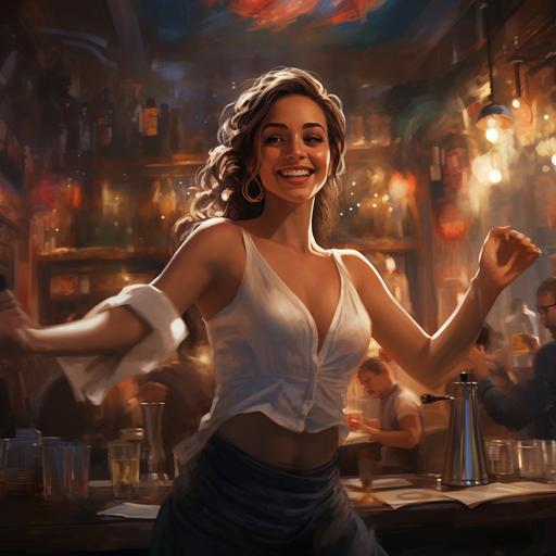 a beautiful Spanish girl waiter dancing while serving a drink in her bar in a warm environment very happy full of joy in a surreal style