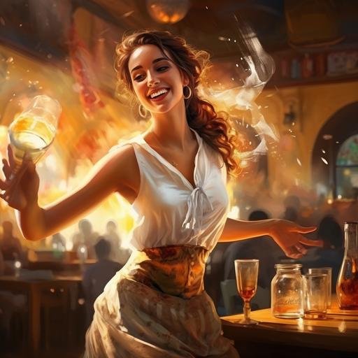 a beautiful Spanish girl waiter dancing while serving a drink in her bar in a warm environment very happy full of joy in a surreal style