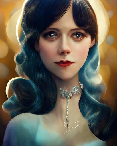 a beautiful Zooey Deschanel portrait, 1920s, flapper girl, character, long hair, silver jewelry, blue dress, in the style of artgerm, nathalie picoulet, cgsociety, artstation, 8k resolution, detailed --test --uplight --ar 4:5