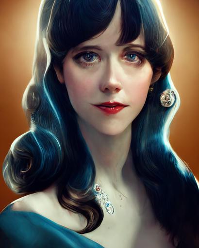 a beautiful Zooey Deschanel portrait, 1920s, flapper girl, character, long hair, silver jewelry, blue dress, in the style of artgerm, nathalie picoulet, cgsociety, artstation, 8k resolution, detailed --test --uplight --ar 4:5