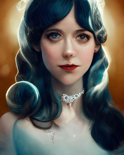 a beautiful Zooey Deschanel portrait, 1920s, flapper girl, character, long hair, silver jewelry, blue dress, in the style of artgerm, nathalie picoulet, cgsociety, artstation, 8k resolution, detailed --test --uplight --ar 4:5