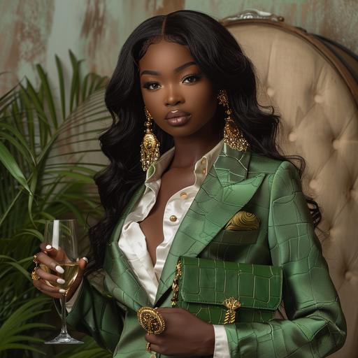 a beautiful african american skinned woman with a long black wavy hd lace wig body wave, holding a green purse, wearing a green fashion blazer, gold earrings, and accessories, holding a glass of wine, a white button up blouse, green and gold color palette, --v 6.0 --stylize 250