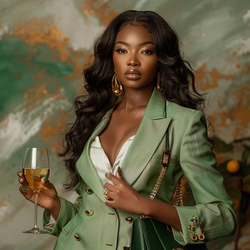 a beautiful african american skinned woman with a long black wavy hd lace wig body wave, holding a green purse, wearing a green fashion blazer, gold earrings, and accessories, holding a glass of wine, a white button up blouse, green and gold color palette, --v 6.0 --stylize 250