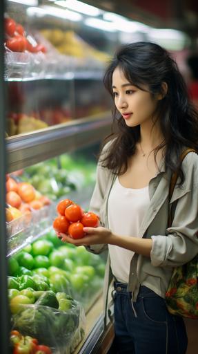 a beautiful and Fashionable chinese lady in the super market picking up an item, image to be taken from side, side view, kodak vision3 250d 5207, realism, long lens shot, --ar 9:16 --stylize 150 --v 5.2