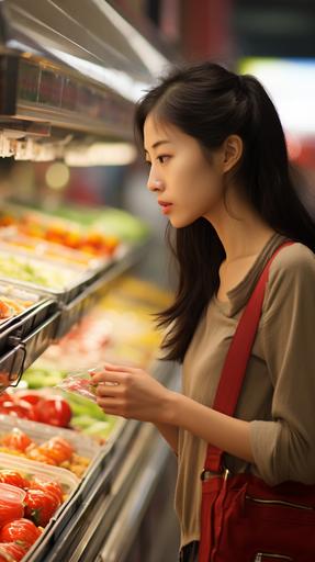 a beautiful and Fashionable chinese lady in the super market picking up an item, image to be taken from side, side view, kodak vision3 250d 5207, realism, long lens shot, --ar 9:16 --stylize 150 --v 5.2