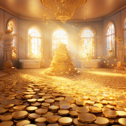 a beautiful and bright room with high piles of gold coins and diamonds, cartoon