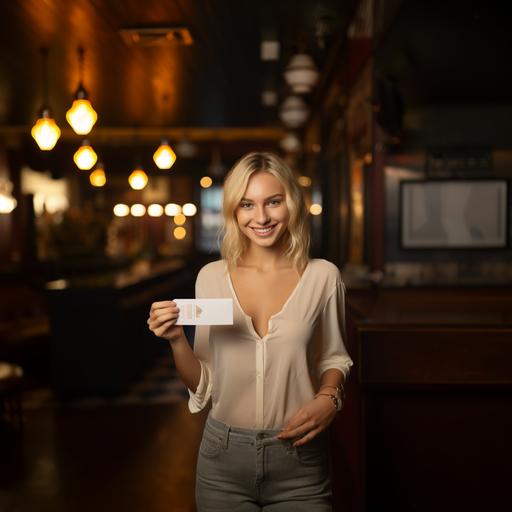 a beautiful blonde woman holding a post card with one hand with the card in a horizontal position, smiling, looking at the camera, high Rez